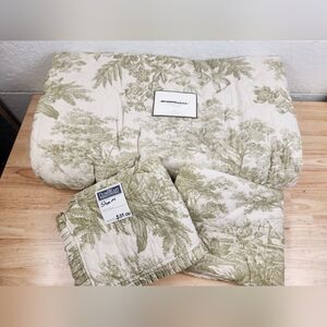 Pottery Barn Matine Toile Quilt Green Cream King 2 Standard Shams Floral NOS